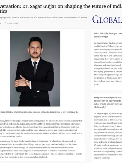 In conversation with GlobalSpa, I had the opportunity to discuss my philosophy on shaping the future of Indian aesthetics, focusing on personalized care and the integration of advanced, safe technologies.