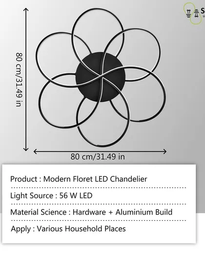This graphic shows the dimensions and specifications of our modern floret LED chandelier.