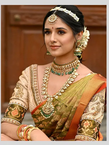 This cream-colored blouse features exquisite Kalamkari-inspired embroidery on the sleeves, paired with delicate zardosi work along the neckline. It is a perfect complement to the olive green Kanjeevaram saree.
