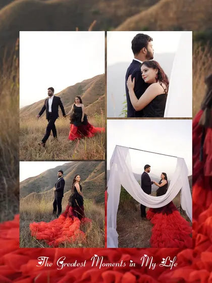 A collage from a pre-wedding shoot in a hilly landscape. The dramatic gown and the couple's poses create a series of moments that feel like they're from a movie.