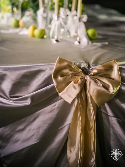 A detail of the elegant table linen with a large gold bow.