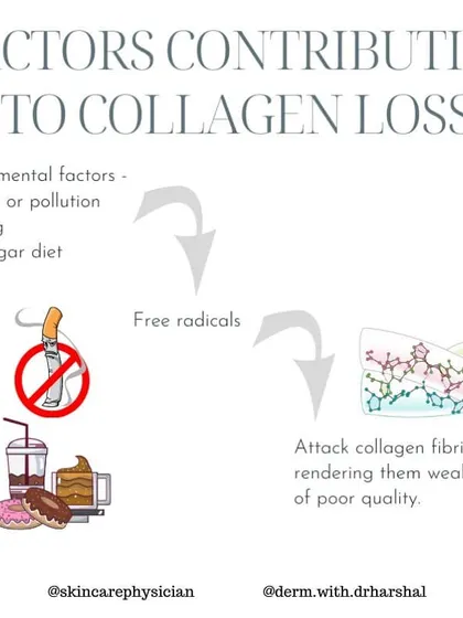 Environmental factors like UV rays, pollution, smoking, and a high-sugar diet accelerate collagen loss. These factors create free radicals that attack and weaken collagen fibrils, compromising skin quality.