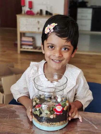 A proud young artist with her beautifully crafted closed terrarium. These sessions are designed to be fun and accessible for kids of all ages.