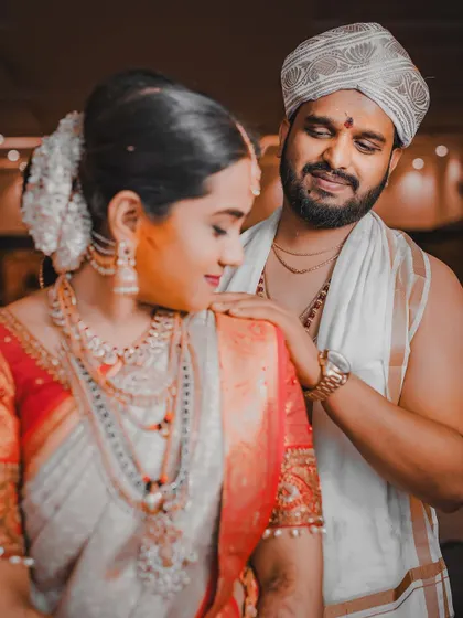 A soft and romantic portrait of the couple, their gentle expressions conveying their deep love for each other.