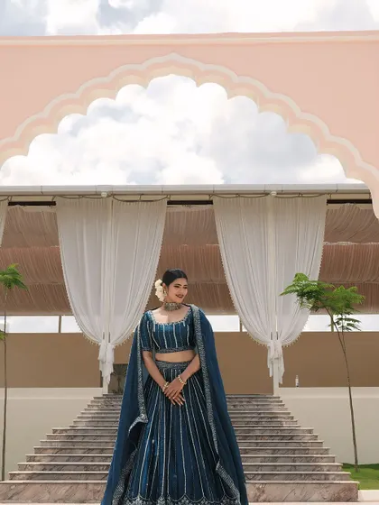 A grand and majestic shot. The makeup is kept elegant and timeless to match the beautiful architecture and the stunning outfit.