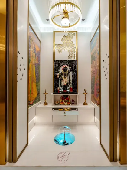 A testament to our love for creating divine spaces, this modern Shrinathji mandir is a masterpiece of tradition and innovation. It features authentic artwork, custom lighting, and a unique automated fountain, making it the spiritual heart of the home.