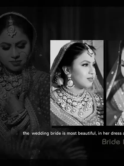 A black and white collage that reads "the wedding bride is most beautiful". It highlights different facets of her beauty, from close-ups to full portraits.