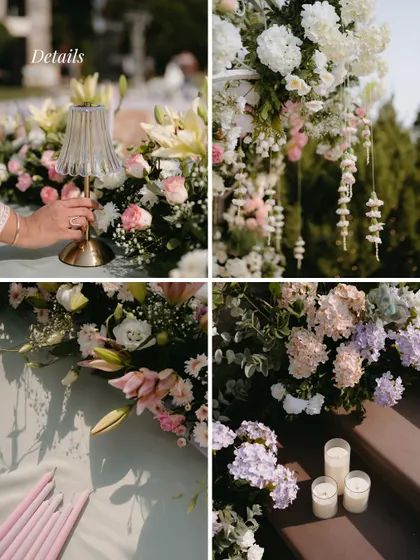The small details of the pastel wedding, from the custom-colored candles and vintage-style table lamps to the delicate floral tassels. Every element was chosen to complement the soft, romantic theme.