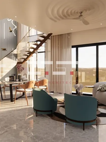 A render of a duplex living and dining area with a high ceiling, showing a floating staircase and abundant natural light from large windows.