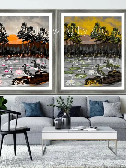 A mockup showing two variations of the duck pond painting displayed side-by-side.