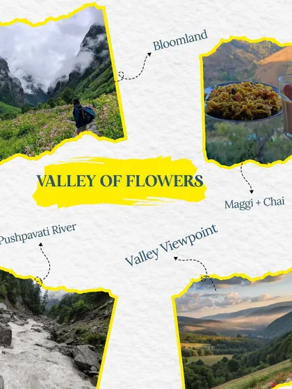 The Valley of Flowers trek is at its best during the monsoon when the entire valley is in full bloom. Enjoying Maggi and chai with this view is pure bliss.