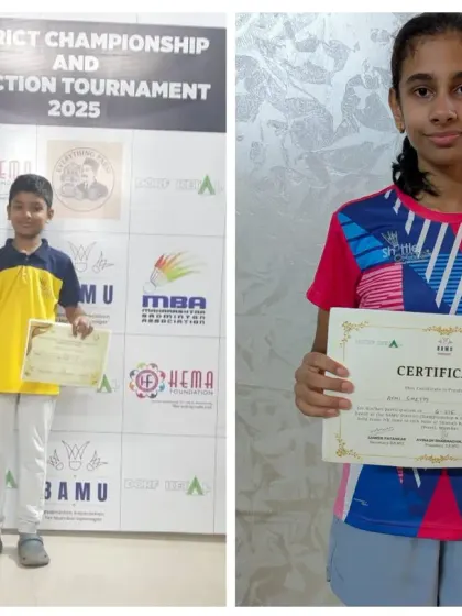 A collage of our medalists from the BAMU District Badminton Championship. Rhys Pais secured silver, while Avni Shetty, Zehn Masani, and Aryan Padnekar earned bronze.