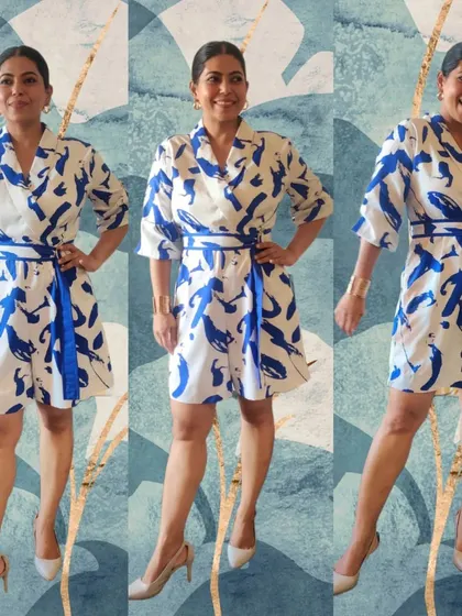 Style with comfort is my go-to philosophy. This blue and white wrap dress is a perfect example. It's easy to wear, looks effortlessly chic, and is perfect for a busy day.