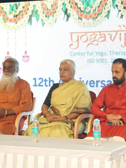 Seated on stage with our honored guests, Swami Advaitananda and Dr. Latha Satish, during our 12th-anniversary event. Sharing the stage with such knowledgeable individuals is always an enriching experience.
