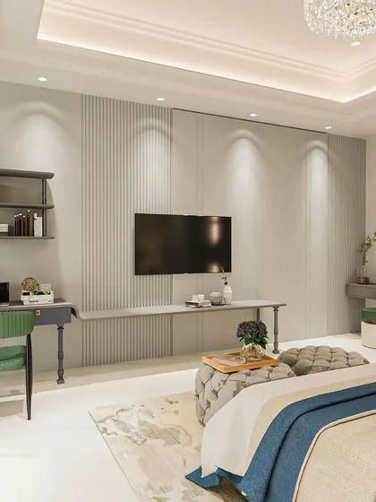 The bedroom includes a functional study and dressing area, designed in the same sophisticated color palette.