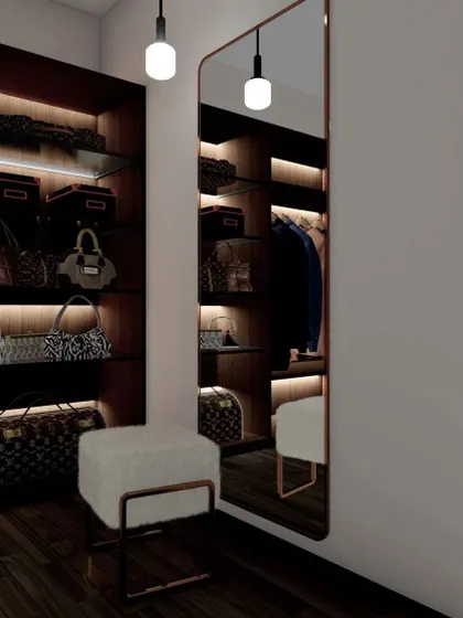 A walk-in closet featuring dark wood shelving with accent lighting, a full-length mirror, and a chic ottoman, creating a perfect dressing area.