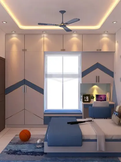 This kids' room design uses a cool blue and white palette with geometric patterns on the wardrobe and wall. The layout includes a bed, a window seat, and a study nook, creating a complete and functional space.