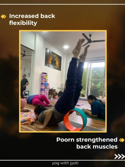 The benefits of Locust Pose (Shalabhasana) include increased back flexibility and strengthened back muscles, shown here with a yoga wheel.