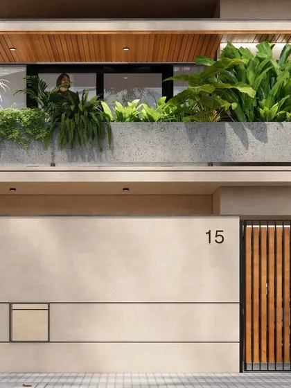 A detail of a facade concept, exploring the use of recessed balconies and integrated concrete planters to create a green, tropical character.