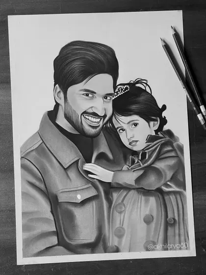 A graphite sketch of Punjabi singer and actor Jassie Gill with his daughter. A heartwarming picture that I loved recreating.