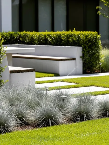 A modern commercial landscape featuring a lawn with built-in concrete and wood benches. The design uses ornamental grasses and clean lines for a contemporary, low-maintenance look.
