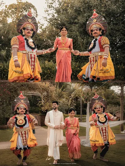A unique portrait of the groom with traditional Yakshagana performers. This shows a beautiful blend of personal style and rich cultural heritage at the wedding.