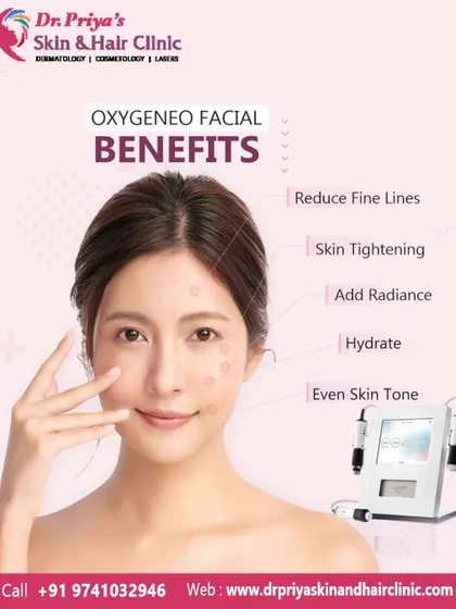 The OxyGeneo facial is a 3-in-1 treatment that reduces fine lines, tightens skin, adds radiance, and hydrates. It works by exfoliating the skin, infusing it with nutrients, and oxygenating it from within.