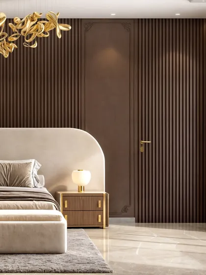 A render of the bed area, with a curved headboard set against a dark, fluted wood wall. A sculptural gold chandelier adds a touch of artistic flair.