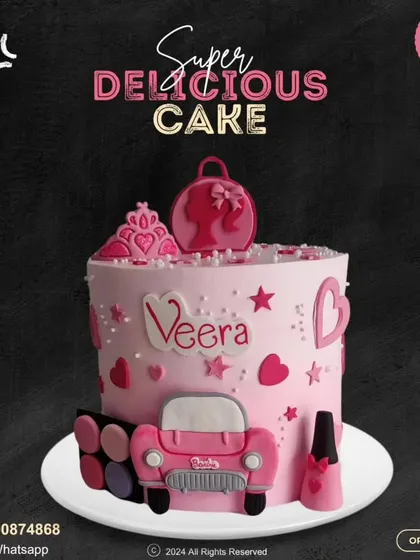 A glamorous Barbie-themed cake for a true fashionista. This personalized pink cake is decorated with a tiara, a car, a makeup palette, and other stylish accessories.