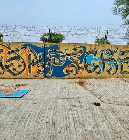 A long calligraffiti piece, where the letters are stretched and stylized in a way that resembles calligraphy.