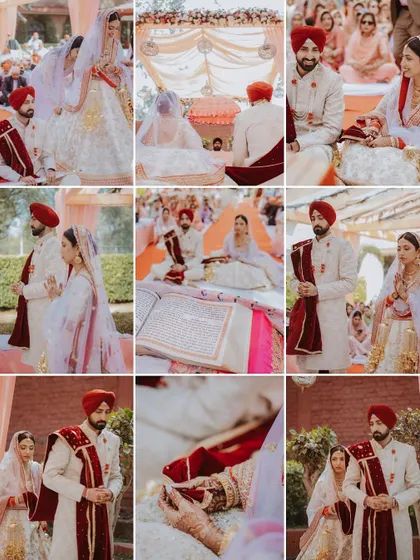 A collage showcasing the key rituals of an Anand Karaj ceremony, from the couple sitting before the Guru Granth Sahib to the tying of the palla.