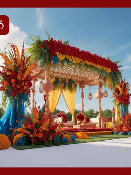 A colorful and traditional outdoor mandap setup. The vibrant mix of red, orange, and blue flowers and drapes creates a festive and joyous atmosphere for the wedding ceremony.
