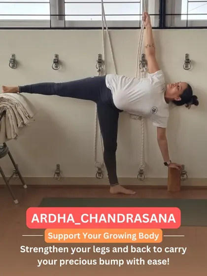 Ardha Chandrasana (Half Moon Pose) is excellent for strengthening the legs and back to support your growing body. Using a block and a chair for balance makes the pose accessible and safe throughout pregnancy.