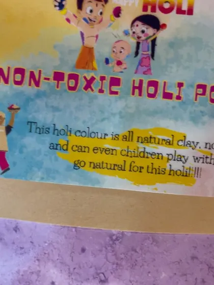 This is the packaging for my natural Holi powders, explaining that they are non-toxic and made from natural clay, making them safe for children.