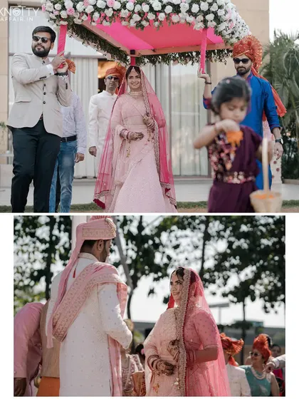 The bride's entrance under a beautiful pink phoolon ki chadar, and the moment she meets her groom. These images capture the anticipation and emotion of the beginning of the wedding ceremony.