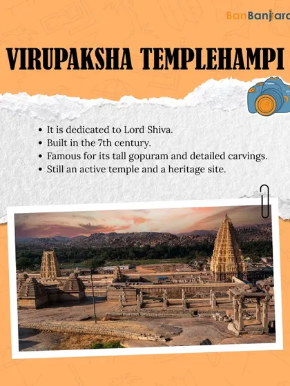 The magnificent Virupaksha Temple in Hampi. As an active 7th-century temple and a UNESCO heritage site, its tall gopuram and detailed carvings tell stories of a glorious past.