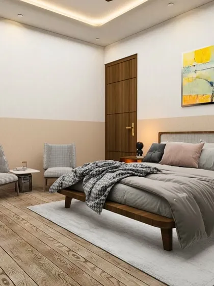 A wide view of the serene bedroom render, showing the comfortable seating area and minimalist shelving that complements the simple, modern aesthetic.