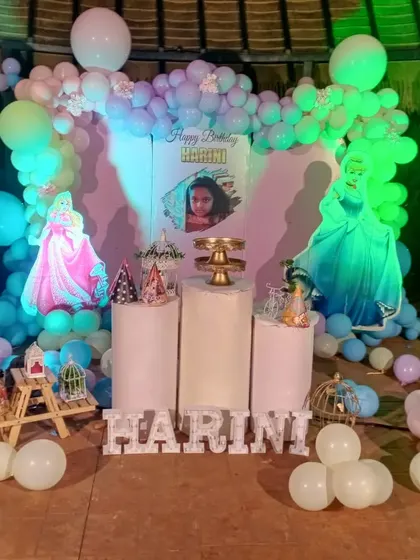 A beautiful princess-themed party for Harini. This outdoor setup uses creative lighting to highlight the princess cutouts and the pastel-colored balloon arch, creating a magical evening atmosphere.