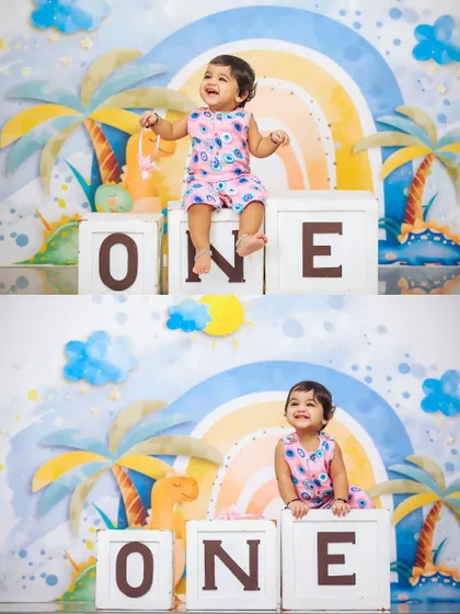 More smiles from the colorful rainbow and dinosaur themed first birthday session. These photos perfectly capture the pure joy and energy of a one-year-old.