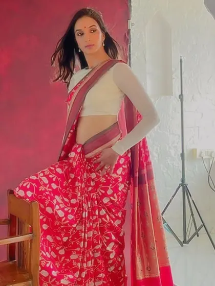 Another look from the photoshoot with Ira Trivedi, showcasing a different saree and a more classic drape.