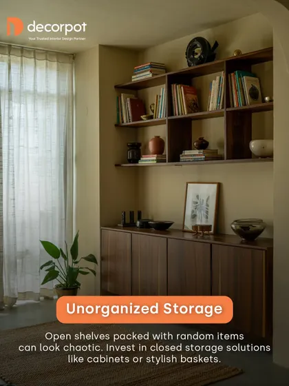 Unorganized open shelves can make a room look chaotic. I suggest using closed cabinets or stylish baskets to keep your living room tidy and visually calm.
