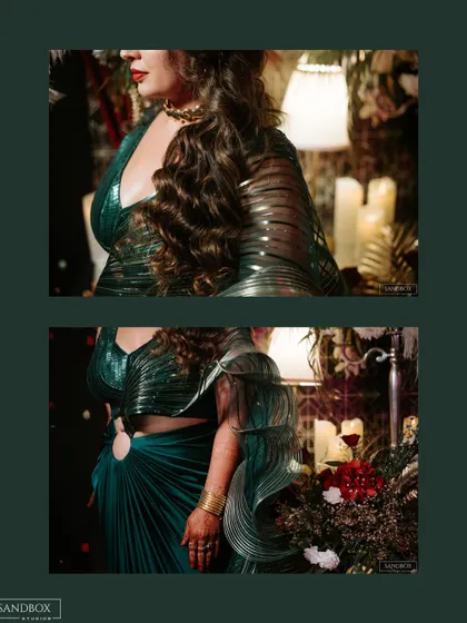 A close-up look at the intricate details of the bride's reception outfit. The structured, metallic fabric creates a unique and high-fashion statement.