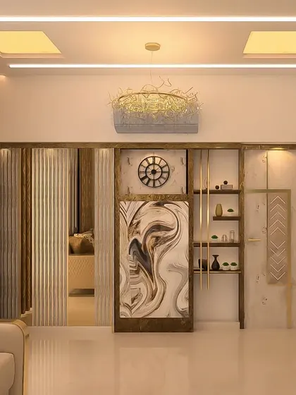 This 3D render shows a partition wall with an abstract art piece, open shelving, and fluted panels, designed to be a beautiful and functional element in the living room.