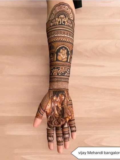A complete story on one arm, this design includes a bride and groom portrait, a Ganesha figure for blessings, and elephant motifs.