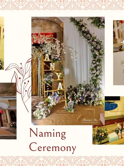 A comprehensive collage of the naming ceremony, showing the stage, welcome sign, and personalized details.