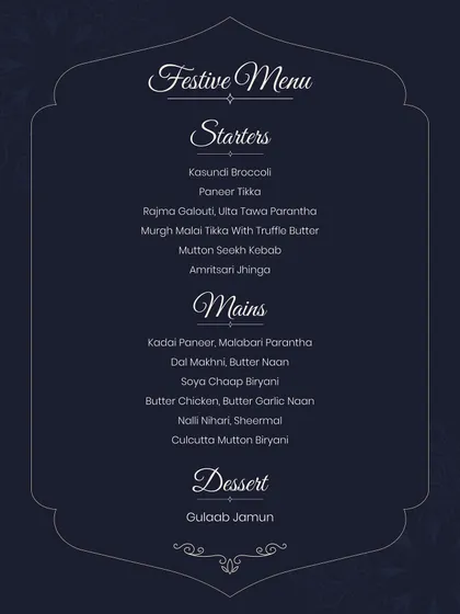 This is a sample of my festive menu, featuring starters, mains, and desserts to make your gathering unforgettable.