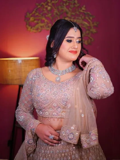 Another close-up of the pastel peplum lehenga, showing its flattering fit.