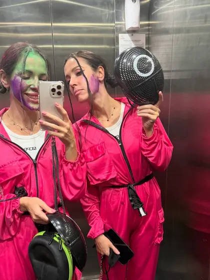 A selfie after a crazy, colorful Holi set. We are covered in green and purple powder but so happy. This is the best part of the job.
