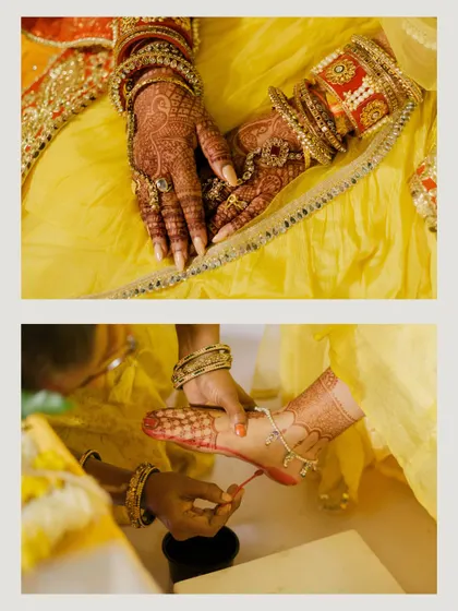 A focus on tradition and detail, showing the bride's hands with intricate mehndi and the ritual of putting on her toe rings and anklets.