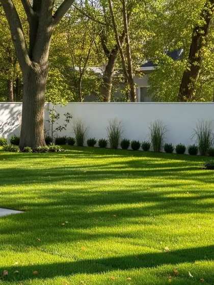 A tranquil garden scene with a wide lawn, mature trees, and simple border plantings. The shadows from the trees add texture and coolness to the open space.